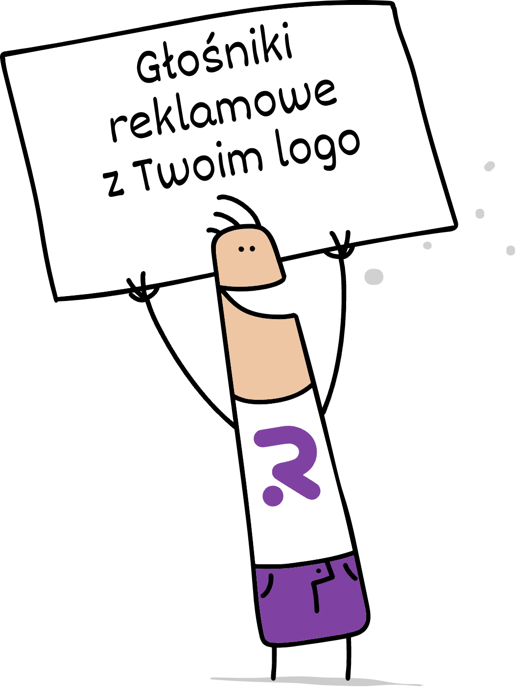 Buddy trzymający napis glosniki reklamowe z Twoim logo